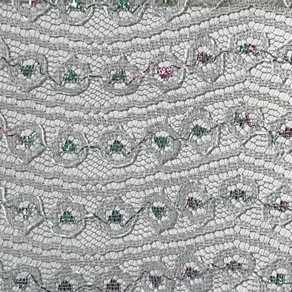 White Tulle Fabric Embroidered Pink Green Metallic Details 24" x 18.5" Scalloped